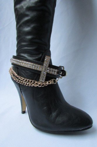 NEW GOLD CHAIN BOOT FAUX LEATHER STRAP BIG CROSS RHINESTONES WESTERN SHOES ROCK