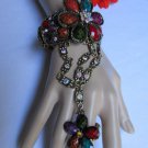 NEW WOMEN GOLD CUFF SLAVE BRACELET CONECCTED RING COLORS BEADS BIG CENTER FLOWER