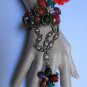 NEW WOMEN GOLD CUFF SLAVE BRACELET CONECCTED RING COLORS BEADS BIG CENTER FLOWER