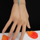WOMEN GOLD FASHION TWO STRANDS HAND CHAINS 3 MINI BLUE BEADS BRACELET SLAVE RING