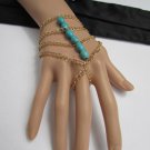WOMEN GOLD FASHION MULTI STRANDS HAND CHAINS SIX BLUE BEADS BRACELET SLAVE RING