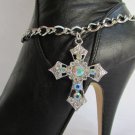 NEW WOMEN SILVER BOOT CHAIN 1 STRAP RHINESTONES BIG CROSS WESTERN SHOE CHARM #16