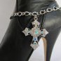 NEW WOMEN SILVER BOOT CHAIN 1 STRAP RHINESTONES BIG CROSS WESTERN SHOE CHARM #16