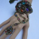 WOMEN GOLD FASHION HAND CHAIN BIG PEACOCK MULTI COLORS BEADS BRACELET SLAVE RING