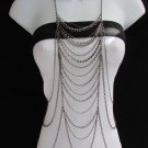 WOMEN PEWTER WAVES METAL LONG FULL BODY CHAIN SILVER RHINESTONES FASHION JEWELRY