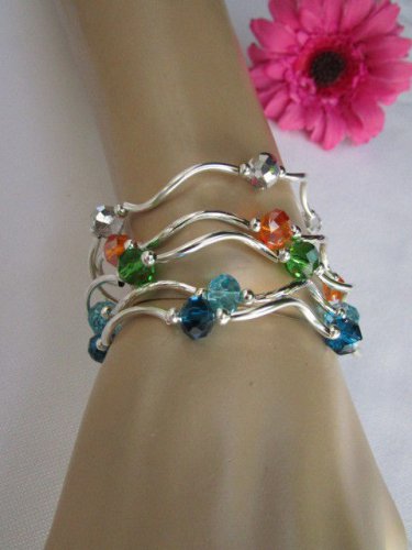 WOMEN GREEN SILVER ORANGE NAVY BLUE BEADS FASHION JEWELRY FIVE BANGLES BRACELETS