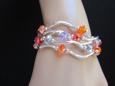 WOMEN 5 BANGLE SILVER GREEN BLUE ORANGE BEADS FASHION JEWELRY  STRANDS BRACELET