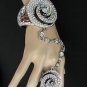 NEW WOMEN SILVER SLAVE RING BRACELET RHINESTONES BIG ROSE SWIRL FLOWER RING