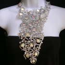 NEW WOMEN SILVER METAL PEACOCK STATEMENT LONG NECKLACE RHINESTONES +EARRINGS SET