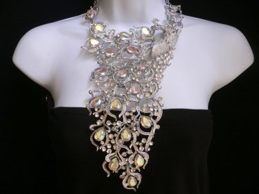 NEW WOMEN SILVER METAL PEACOCK STATEMENT LONG NECKLACE RHINESTONES +EARRINGS SET