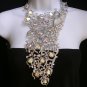 NEW WOMEN SILVER METAL PEACOCK STATEMENT LONG NECKLACE RHINESTONES +EARRINGS SET