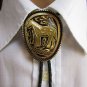 MEN WESTERN BOLO FASHION TIE GOLD BLACK METAL PENDANT HORSE BLACK LEATHER FRINGE