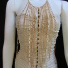 NEW WOMEN LONG THIN GOLD METAL BODY CHAIN BROWN BEADS WHITE PEARLS NECKLACE