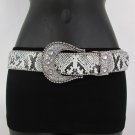 New Women Fashion Belt White Black Faux Leather Snake Skin Silver Buckle M L