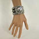 New women silver big flower fashion black leather bracelet crystals rhinestones