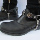New Biker Men Western Boot Silver Chains Pair Leather Straps Bracelet Iron Cross
