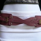 New Women Waist Hip Elastic Burgundy Red Wine Fashion Belt Double Buckles S / M