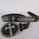 New Women Belt Black Leather Western Fashion Big Cross Rhinestone Buckle S/M M/L