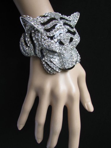 New Women Silver Black Cuff Bracelet Panther Leopard Big Tiger Head Rhinestones