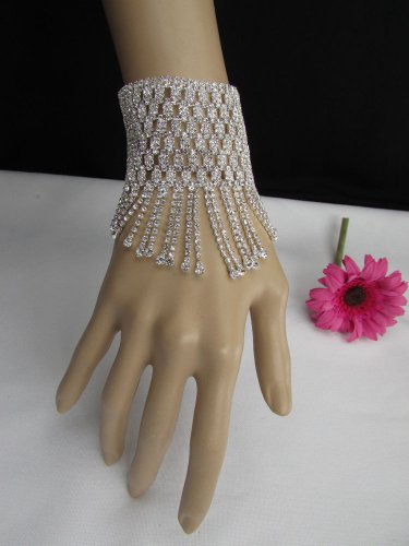 New Women Silver Long Mesh Metal Hand Dressy Fashion Wide Bracelet Rhinestones