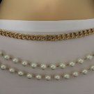 New Women Gold Thick Chain Belt Fashion Metal Ivory Cream Imitation Pearls S M L