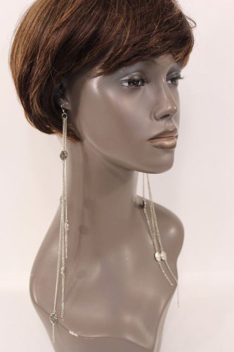 New Women Silver Long Fringes Multi Metal Chains Fashion Earrings Set Oval Beads