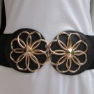 NEW WOMEN BLACK FASHION BELT HIGH WAIST HIP GOLD FLOWERS BUCKLE S / M 27"-35"