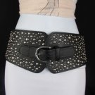 New Women Wide Black Elastic Hip Waist Fashion Belt Silver Studs 26-31" S M