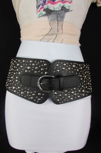 New Women Wide Black Elastic Hip Waist Fashion Belt Silver Studs 26-31" S M