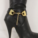 Women Fashion Jewelry Boot Anklet Bracelet Black Faux Leather Strap Gold Chain