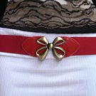 New Women Elastic Hip High Waist Red Narrow Fashion Belt Gold Bow Buckle XS S M