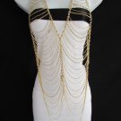New women fashion jewerly long gold waves rhinestones metal tank top body chain