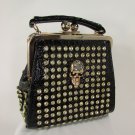 Women Black Faux Leather Purse Handbag Gold Skull Metals Bag Silver Rhinestones