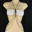 New Women Necklace Fashion Long Black Metal Body Chains 3 Gold Mesh Bows Jewerly