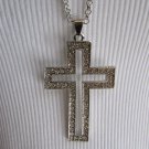 New Women Long Silver Metal Thin Chain Necklace Large Cross Pendant Rhinestones