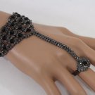 New Women Pewter Hand Chain Fashion Slave Ring Bracelet Black Gray Rhinestones