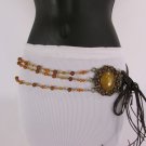 New Women Hip Waist Brown Fabric Tie Fashion Belt Brown Gold Bead Big Flower S M