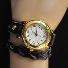 New Women Bracelet Fashion Gold Watch Faux Leather Black Wrap Around White Dial