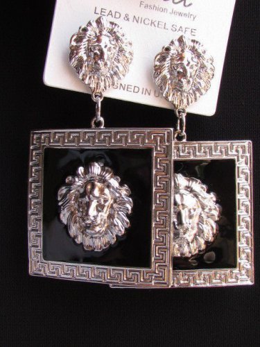 New Hot Women Square Silver Black Metal Lion Head Face Hook Fashion Earrings Set