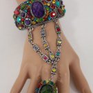 New Women Silver Metal Flower Bracelet Chain Slave Ring Purple Red Rhinestones