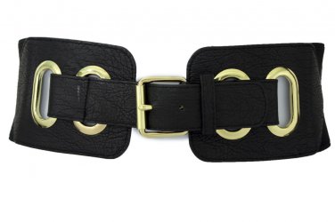 New Women Western Extra Wide Black Faux Leather Belt Gold Buckle Big Rings S M