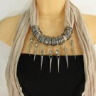 Women Beige Scarf Soft Fabric Fashion Long Necklace Silver Spikes Pendant Charm