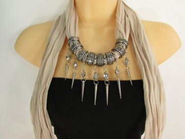 Women Beige Scarf Soft Fabric Fashion Long Necklace Silver Spikes Pendant Charm