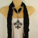 Women Scarf Black Fabric Fashion Long Necklace Fleur De Lis Pendant Lily Charm