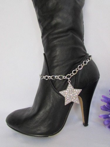 New Women Silver Boot Anklet Chains Big Star Rhinestones Western Shoe Charm #30