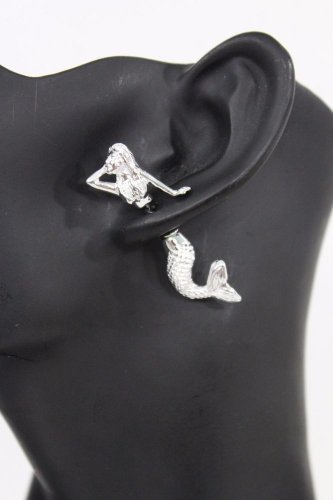 New Women Double Sided Shinny Silver Earring Mermaid Metal Fashion Jewelry Stud
