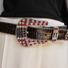 Women Brown Leather Western Fashion Belt American Flag Big Buckle 32"-36" S M