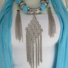 New L. Blue Women Fashion Fabric Scarf Necklace Metal Chains Moroccan Pendant