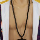 New Men Long Wood Beads Fashion Necklace Big Diamond Shape Pendant Black / Beige