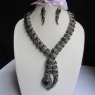 A WOMEN PEWTER LONG SNAKE NECKLACE STATEMENT BLACK RHINESTONES + EARRINGS SET